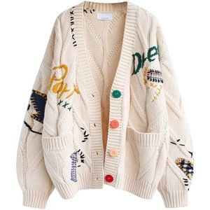 Women's Cute Cable Knit Open Front Kawaii Long Sleeve Button Embroidered Sweater